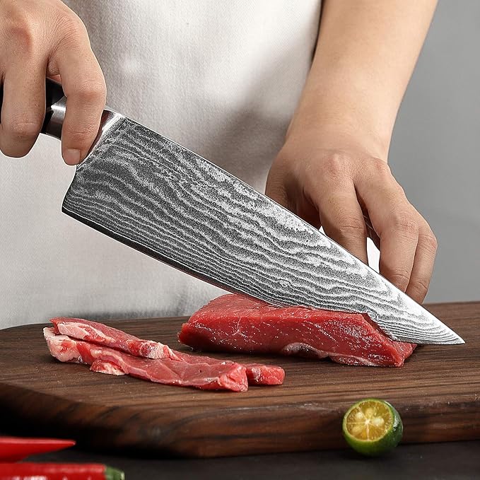 Damascus Kitchen Knife Sets, 9 Pieces Kitchen Knives Set with Block, ABS Ergonomic Handle for Chef Knife Set, Knife Sharpener and Kitchen Shears, Knife Block Set