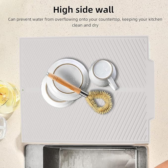 Draining Board Mat, Non Slip Silicone Dish Drying Mat Flume Drain Board Drainer Mat for Kitchen Countertop Tabletop Accessories (White)