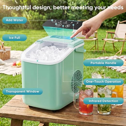 DUMOS Ice Maker Countertop, Ice Machine with Portable Handle, Basket and Scoop, 26lbs Daily, 9 Bullet Cubes in 6-8 Mins, Auto-Cleaning for Home, Kitchen, Office, Outdoors, RV Camping