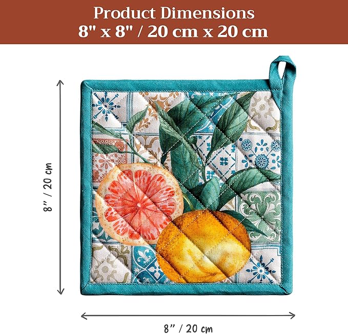 Maison d' Hermine Pot Holders 100% Cotton Heat Resistant Potholders 8" x 8" Hot Pads with Loop BBQ Cooking Baking Gifts for Mothers Day Handling Hot Pans Spring/Summer (Pack of 1, Agrume)