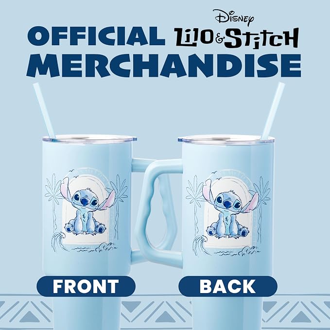 Silver Buffalo Disney Lilo and Stitch Minimalistic Design Ocean and Tropical Double Walled Stainless Steel Tumbler with Handle and Straw, Fits in Standard Cup Holder, 40 Ounces