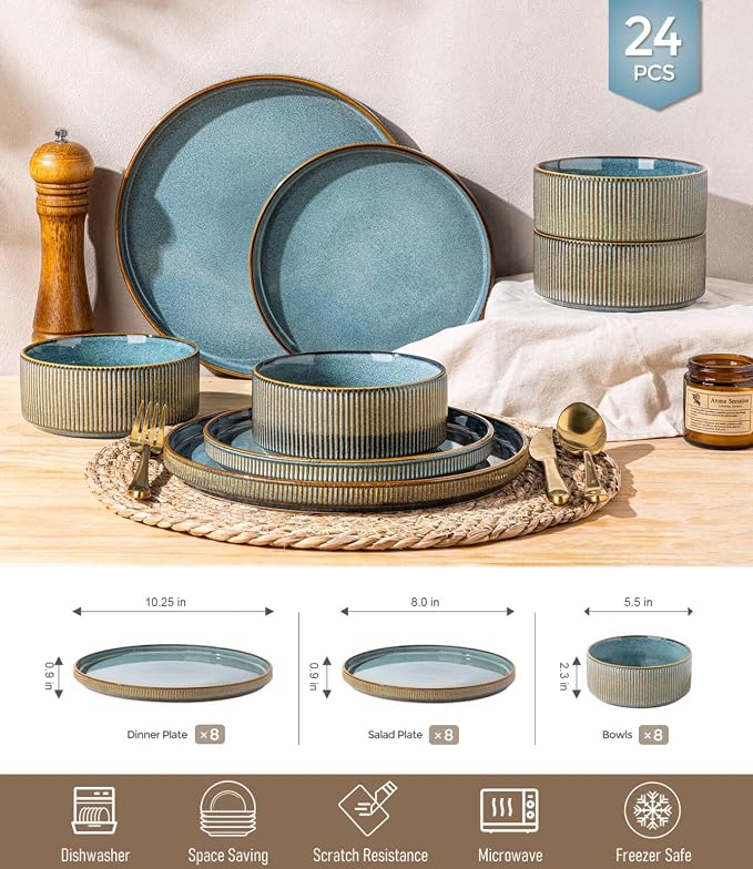 GBHOME 24-Piece Stoneware Dinnerware Set for 8 – Ribbed Ceramic Plates and Bowls, Scratch-Resistant, Microwave & Dishwasher Safe, Reactive Glaze-Space Blue