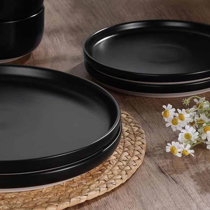 HaWare Stoneware Dinnerware Sets, 12-Piece Plates and Bowls Set for 4, Dishes Set for Home Restaurant, Frosting Black