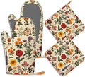 Wildflowers Red Rose Pot Holders and Oven Mitts Set Silicone Vintage Herb Kitchen Gloves Potholders Heat Resistant Washable,Chef Cooking Baking Gifts for Women Men Bakers Lover Cooks