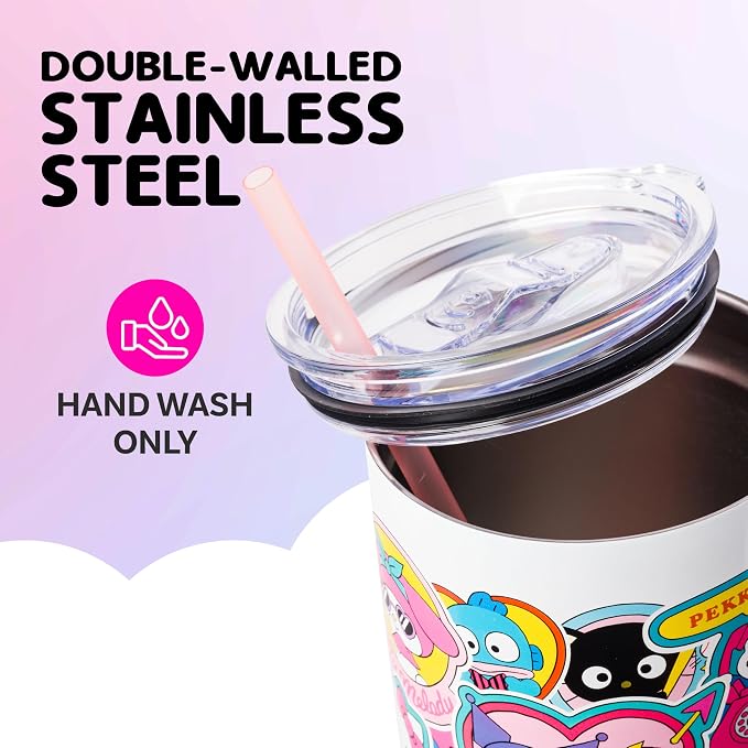 Silver Buffalo Sanrio Hello Kitty & Friends Cinnamoroll, Kuromi, Chococat, Badtz-Maru, Keroppi, Sticker Double Walled Stainless Steel Tumbler w Handle and Straw, Fits in Standard Cup Holder, 40 Ounces