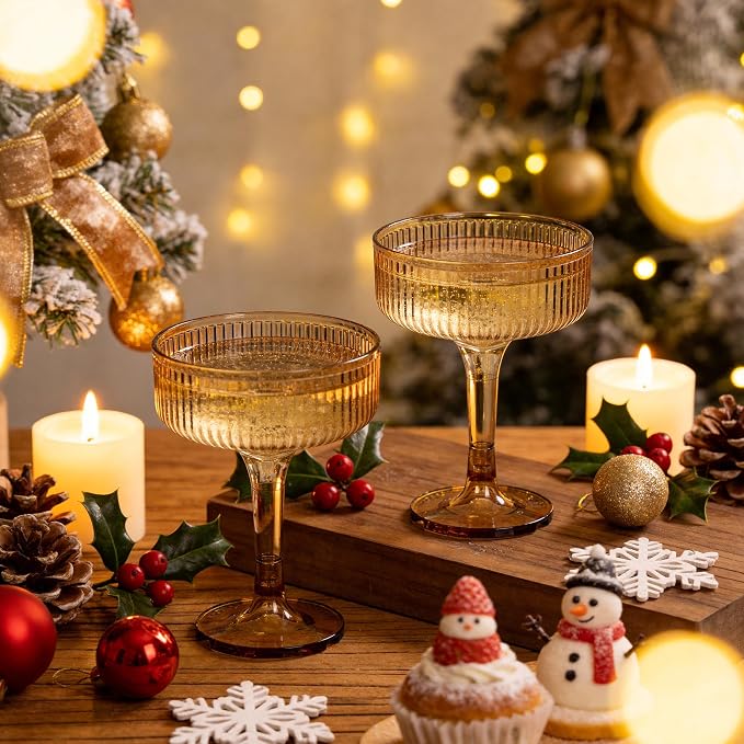 Houmury 7oz Amber Plastic Wine Glasses Unbreakable Wedding Plastic Champagne Flutes Goblet Glasses Reusable Clear Acrylic Martini Drinkware For Birthday Party (56, Amber)
