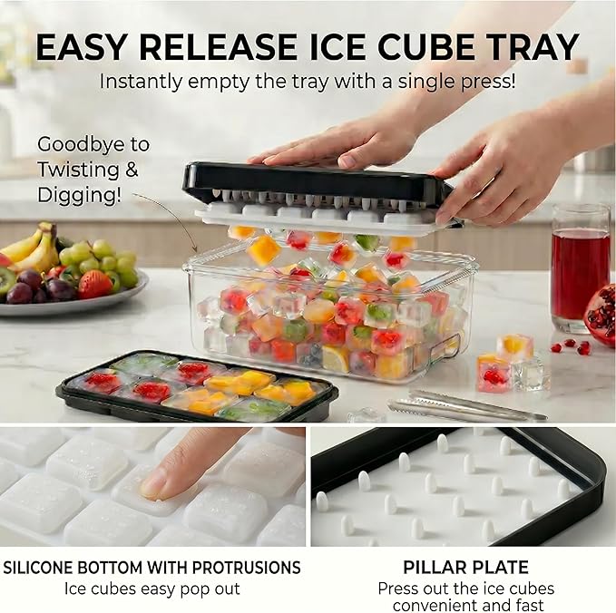 Ice Cube Tray with Lid and Bin, Ice Trays for Freezer with 40 Cubes, Easy-Release Silicone Ice Cube Molds, Stackable Ice Bucket Kits with Stainless Steel Ice Tongs for Drinks, Coffee, Cocktail