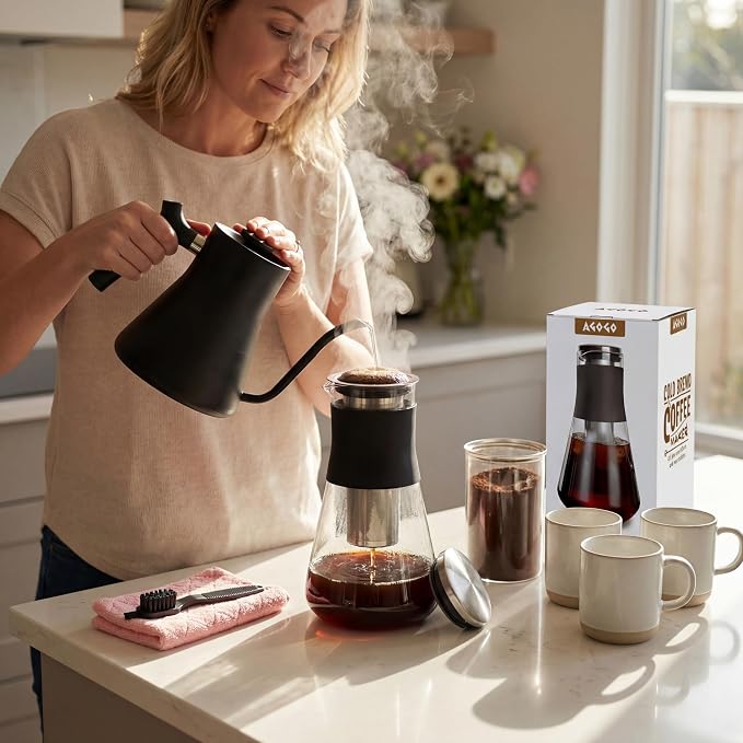 AGOGO Glass Coffee Maker & Tea Pitcher, Hot & Cold Immersion Brewer with Stainless Steel Filter, Silicone Grip Carafe for Countertop Sharing, Iced Tea & Fruit Water, Gift Box 54oz