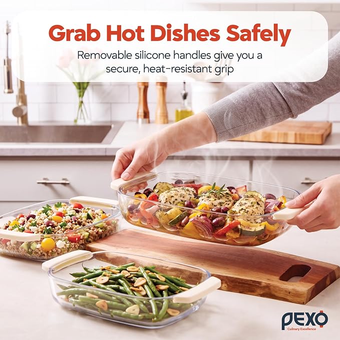 6-Piece Deep Glass Baking Dishes with Plastic Lids, Clear Glass Bakeware with Silicone Handles, (2.11QT, 3QT, 4.12QT) Casserole Dishes, Oven Dishwasher and Freezer safe, Rectangular Stackable Nesting Baking Dish set (White)
