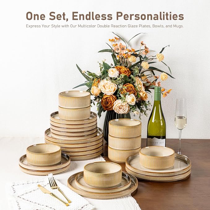 GBHOME 18-Piece Stoneware Dinnerware Set for 6 – Ribbed Ceramic Plates and Bowls, Scratch-Resistant, Microwave & Dishwasher Safe, Reactive Glaze, Barley Latte