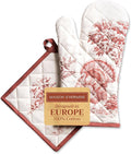 Maison d' Hermine 100% Cotton Oven Mitt & Pot Holder Set (7.5"x13" & 8"x8") Heat Resistant BBQ Cooking Gloves with Loop for Thanksgiving Christmas Decorations Handling Hot Pans (Holy Jouy - Red)