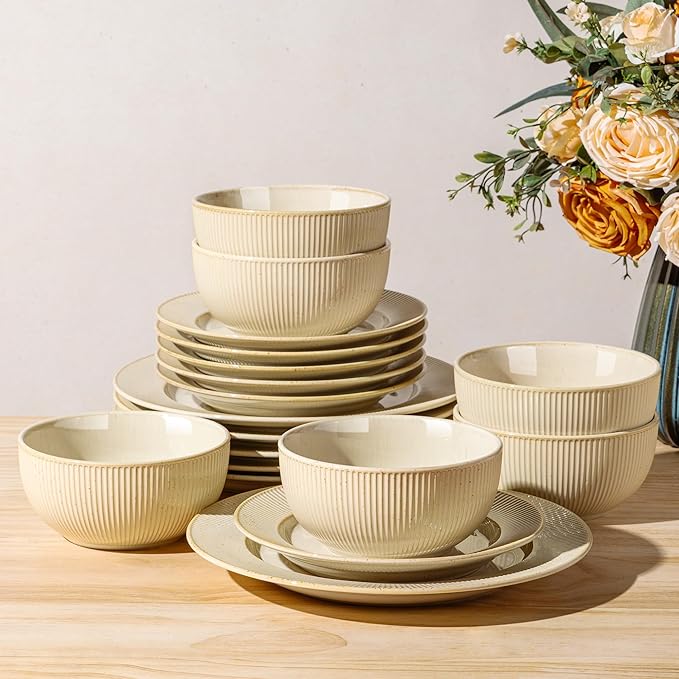 TheTerra Stoneware Dinnerware Sets for 6, 18 Pieces Ceramic Plates and Bowls Sets, Scratch Resistant Embossed Dish Set, Oven, Microwave & Dishwasher Safe, Cream Latte