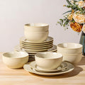 TheTerra Stoneware Dinnerware Sets for 6, 18 Pieces Ceramic Plates and Bowls Sets, Scratch Resistant Embossed Dish Set, Oven, Microwave & Dishwasher Safe, Cream Latte