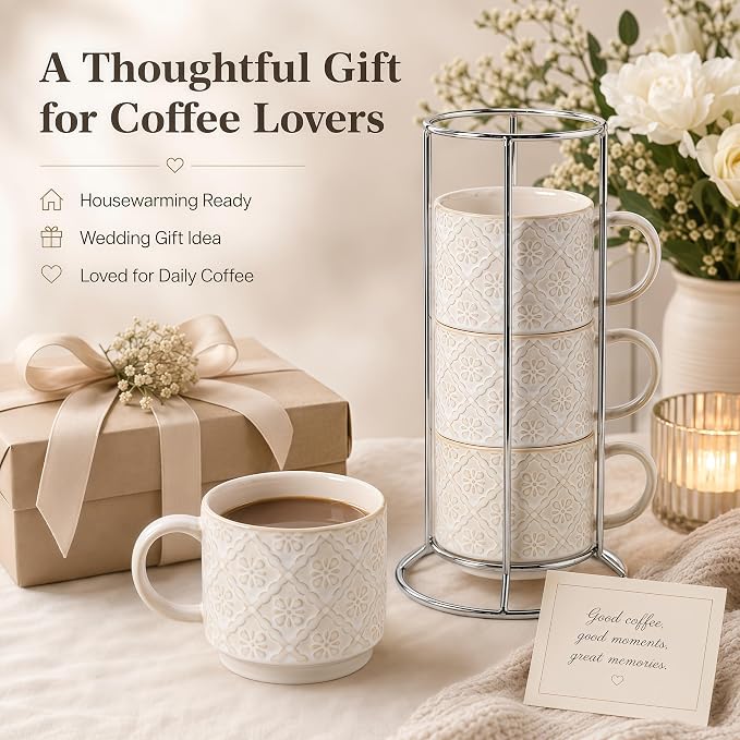 6 Oz Coffee Mugs with Stand, Stackable Coffee Cups Set of 4, Ceramic Espresso Cups, Embossed Cappuccino Cups for Latte, Cocoa, Mocha, Tea, Housewarming Wedding Present, Dishwasher Safe