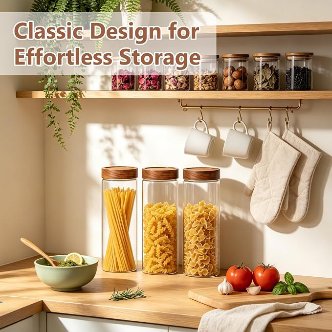 KEYWING 64 fl.oz Pasta Containers Set of 3, Glass Spaghetti Container Storage with Airtight Acacia Wood Lid, Tall Food Storage Jars, Clear Pantry Organizers for Cereal, Bread-sticks, Noodles
