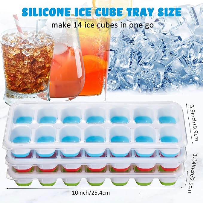 Honeydak 10 Pack 10 Pack Ice Cube Trays with Spill-resistant Removable Lid Easy-release Flexible 14 Ice Cube Tray for Drinks Fruit Yogurt Cocktails Coffee Freezer (Green,Blue,Red)