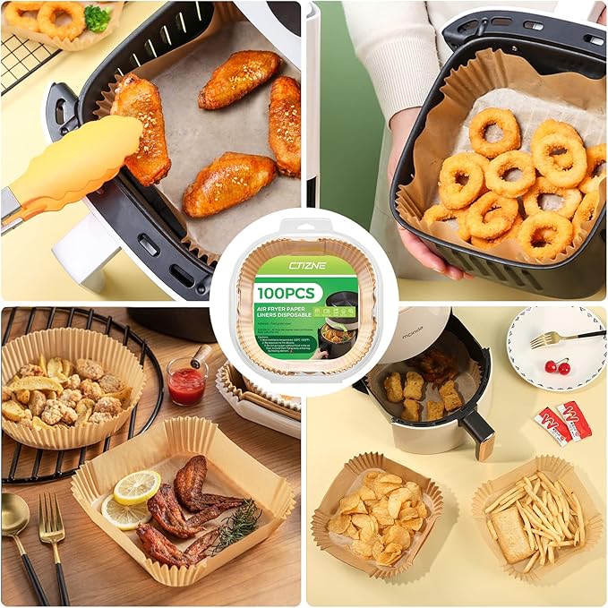 Air Fryer Paper Liner Disposable - 100PCS 6.5 Inch Square Liners for Air Fryer, Grease and Water Proof Non Stick Basket Parchment Paper