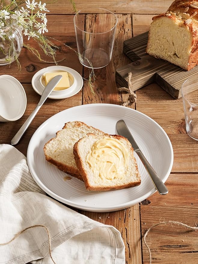 LE TAUCI Dinnerware Sets with Mugs for 4, Stoneware Plates and Bowls Set, Stackable, Microwave & Dishwasher Safe Ceramic Dishes, 16-Piece, White (10" Dinner & 8" Salad Plates, 6" Bowls, 18 oz Cups)