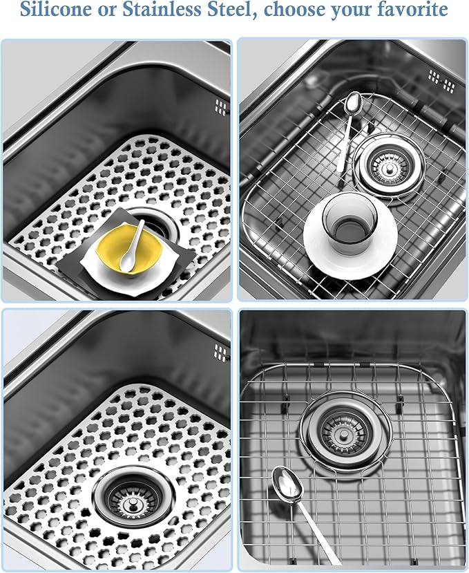 Silicone Sink Protector for Kitchen Bathroom Sink, 2 Pack 13.58"x 11.6" Heat-resistant Mat, Non-Slip and Durable Silicone Protectors, Center Drain (White)