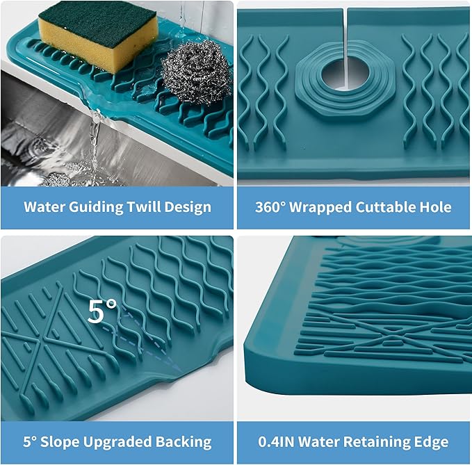 24 inch Sink Splash Guard Mat Green Dish Drying Mats Kitchen Sink Non-Slip Sink Water Splash Guard Behind Faucet Countertop Protect Kitchen Sink Splatter Screen Faucet Air Drying Mat Drip
