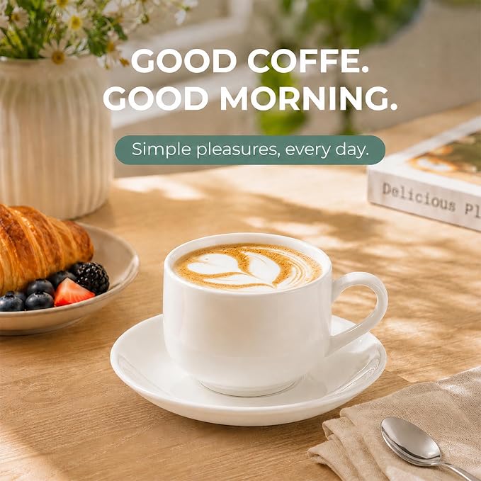 8 Ounce Cappuccino Cups Set of 4, White | Stackable Cappuccino Mugs, Includes Display Stand, Cups Saucers, and Spoons, for Machines & Home Use, Silver Stand