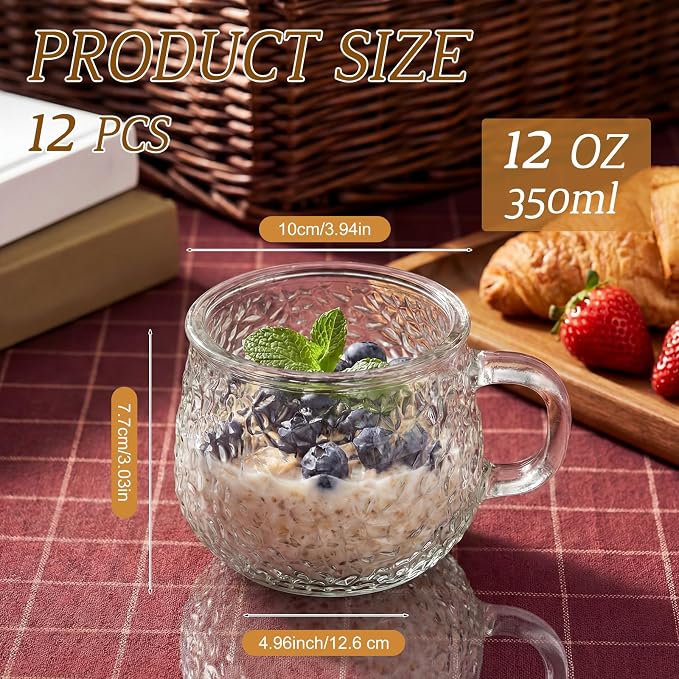 12 Pack Glass Coffee Mugs with Handles, 12 Ounces Glass Breakfast Mugs Bulk, Clear Tea Cups for Hot/cold Drinks, Glassware Set for Americano, Latte, Cappuccino(Retro)