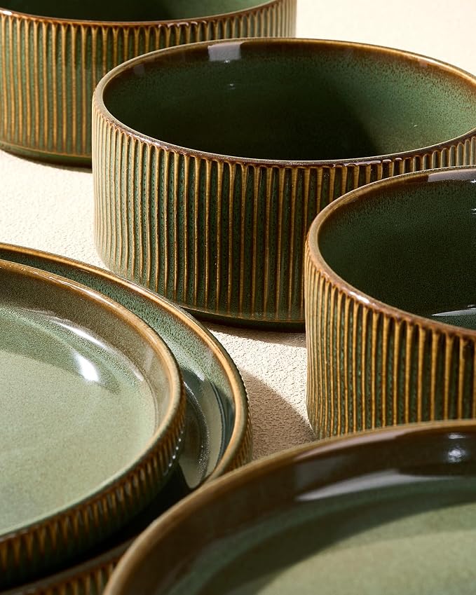 Stoneware Dinnerware Sets, Handcrafted Double Reactive Glaze Plates and Bowls for Everyday & Formal Dining, Microwave & Dishwasher Safe, Scratch Resistant Dishes Service for 4 (12-Piece), Moss