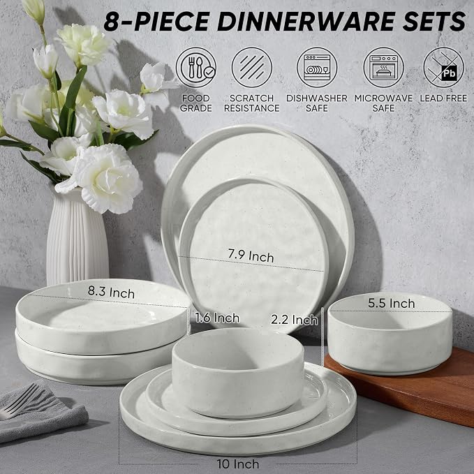 E-far 8-Piece Plates and Bowls Sets with Pasta Bowls - Stoneware Dinnerware Set for 2, Modern Ribbed Speckled White Dishes, Microwave & Dishwasher Safe