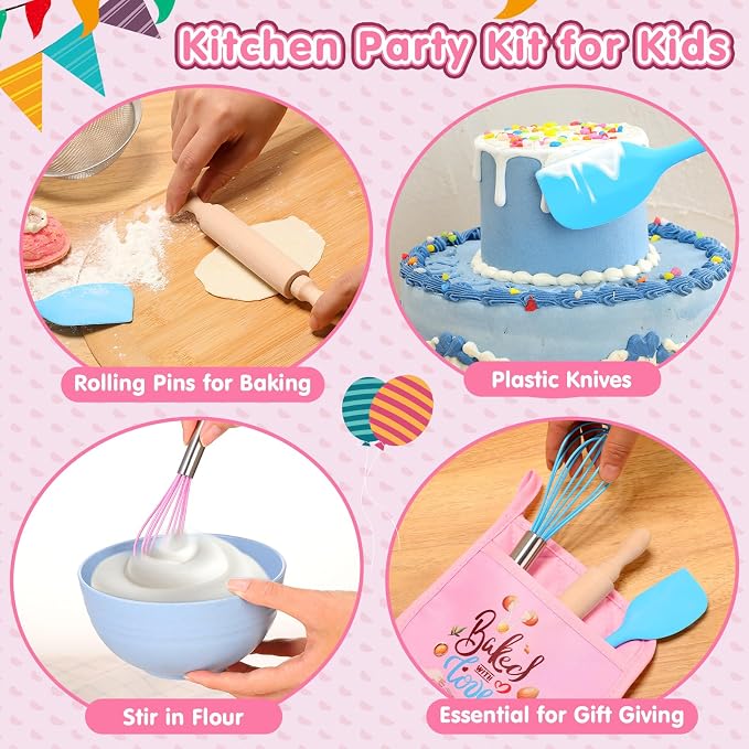 RoundFunny 24 Pcs Kids Mini Baking Supplies with Kitchen Utensil, Pot Holders, Spatula, Rolling Pin, Whisk for Kids Classroom School Exchange Party Favors (Medium)