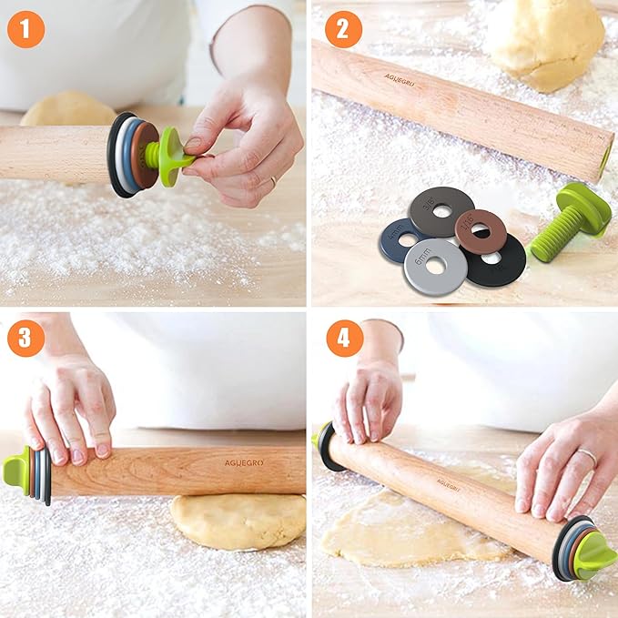 Rolling Pin with Adjustable Thickness Ring, Dough Thickness for Baking, Fondant, Pizza, Crust, Cookies, Pastry, 13.6'' Wooden Rolling Pin with 4 Multi-Color Thickness Rings