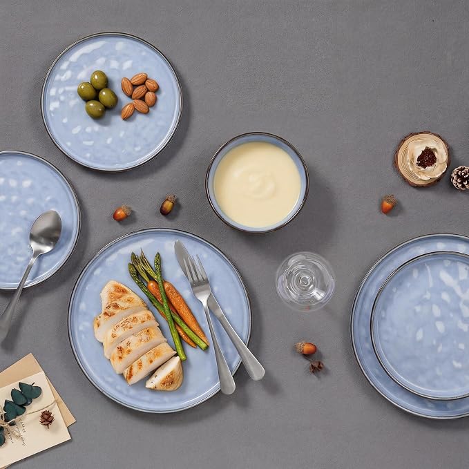 E-far 16-Piece Plates and Bowls Sets with Pasta Bowls - Stoneware Dinnerware Set for 4, Modern Ribbed Dishes, Microwave & Dishwasher Safe, Reactive Blue