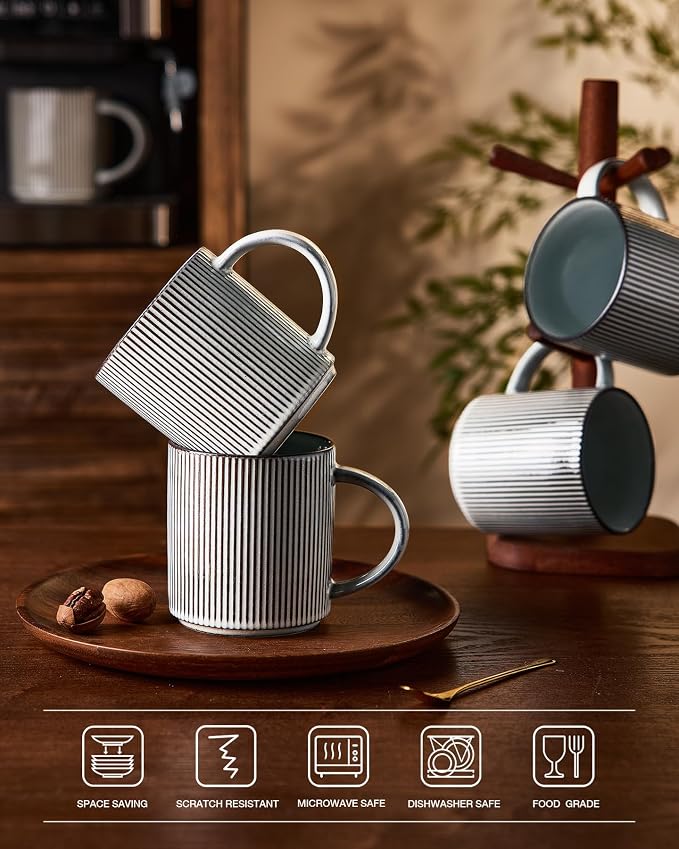 famiware Coffee Mug Set for 6, Star 16 oz Catering Mugs Cup Set with Handle for Coffee, Tea, Cocoa, Milk - Ceramic Stoneware Drinkware Set, Smoky Blue