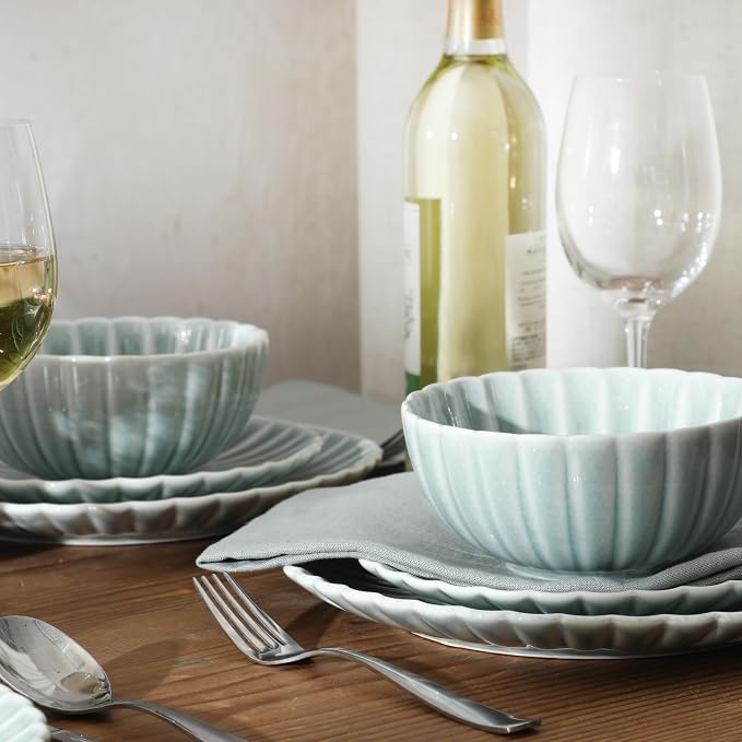 Gibson Elite Peach Orchard 12-Piece New Bone China Dinnerware Set Service for 4, Embossed Fluted Plates and Bowls, Dishwasher and Microwave Safe, Aqua Blue