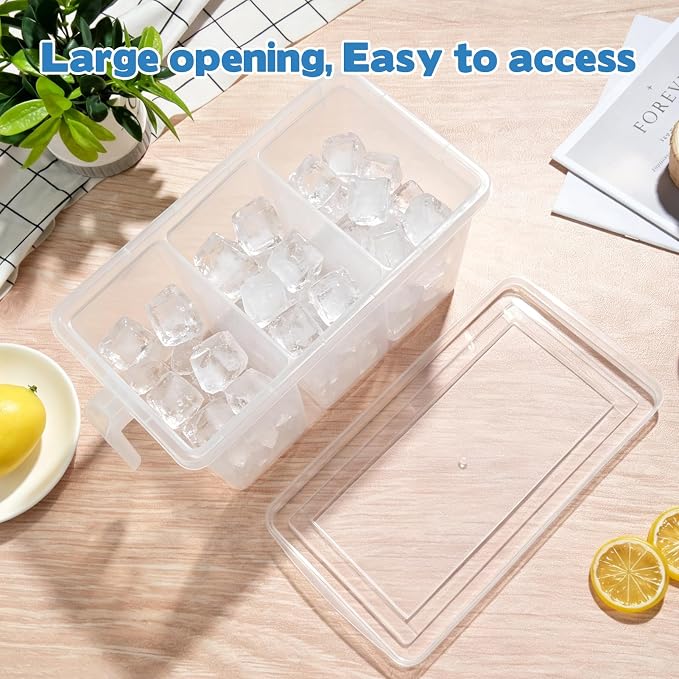 CIEOVO 2 Set 3 Divided Ice Bin for Freezer with Lid and 2 Scoop Set Plastic Freezer Ice Bin with Pull-Out Handle Clear Storage Bucket Kitchen Food Storage Organizer for Home Office Fridge Kitchen