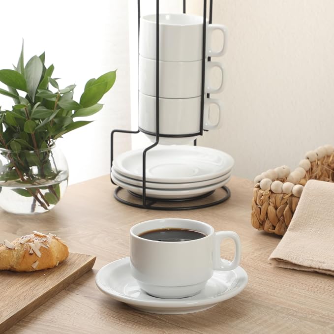 Gibson Home Gracious Dining 7-Ounce Cappuccino Cups Set of 4, Stackable Coffee Cups with 4 Saucers, Metal Stand, Coffee Mugs for Latte, Café, Mocha, Tea