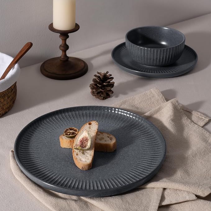 Famiware Starlight 12-Piece Plates and Bowls Sets for 4, Stoneware Dinnerware with Ribbed Textured, Handcrafted Reactive Glaze Dishes - Dishwasher & Microwave Safe, Chip/Scratch Resistant, Matte Grey