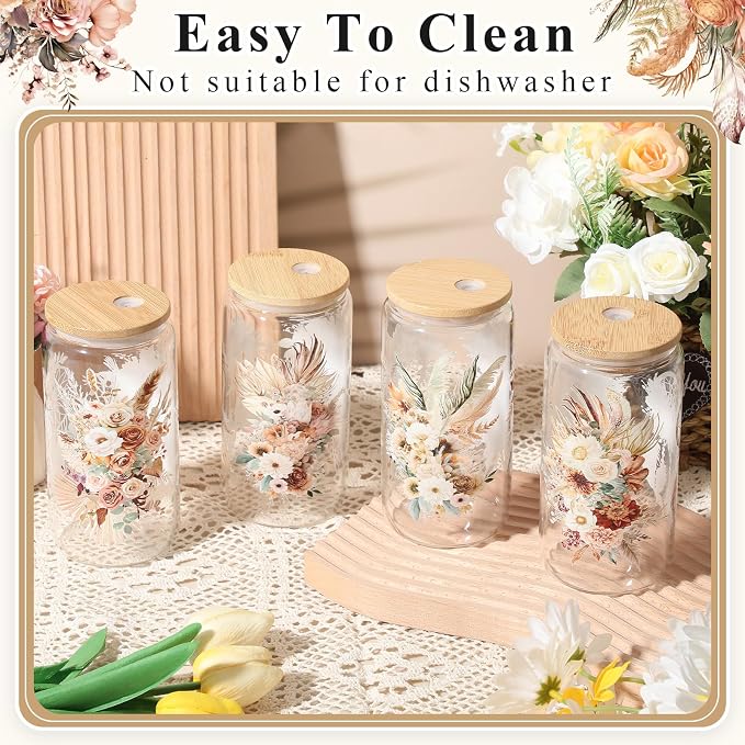 Mumufy 4 Pack Wildflower Glass Cups Gift Aesthetic Cute Glass Cup Tumbler Flower Iced Coffee Mugs 16 oz with Bamboo Lid & Straw, for Wedding Birthday Bridesmaid Mom Baby Shower