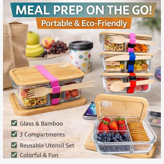 Glass Food Storage Containers with Bamboo Lids, Airtight Containers, Non Toxic Food Storage, Eco Friendly Fridge Storage ContainersIncludes Elastic Bands and Utensils (3 COUNT)
