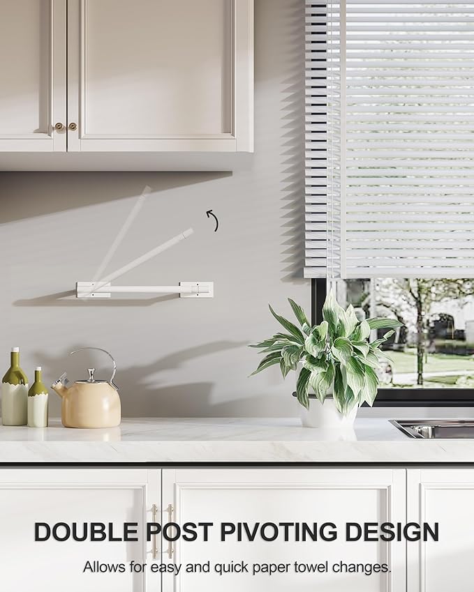 White Paper Towel Holder Under Cabinet, Self Adhesive or Wall Mounted SUS304 Stainless Steel Paper Towel Holder for Kitchen, Bathroom, Farmhouse, Barbecue and Laundry (White)