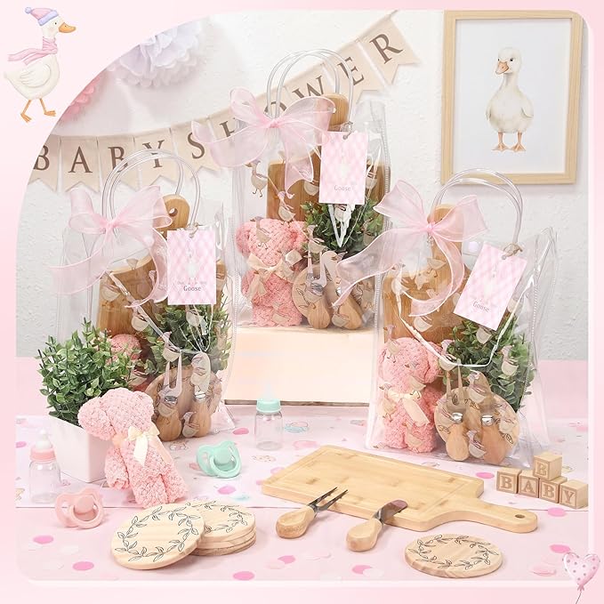Honeydak 49 Pcs Baby Shower Prizes for Game Players 6 Set Cheese Board Fork Knives Coaster Towel Artificial Potted Plant Thanks Card Gift Bag for Baby Bridal Shower Wedding Favors(One Silly Goose)