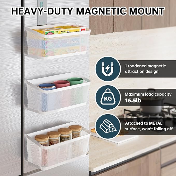 3 Pack Black Metal Magnetic Spice Rack for Refrigerator, Heavy Duty Magnet Shelf for Fridge, Drill Free Mesh Organizer Basket for Kitchen, Pantry, Laundry Room, Garage