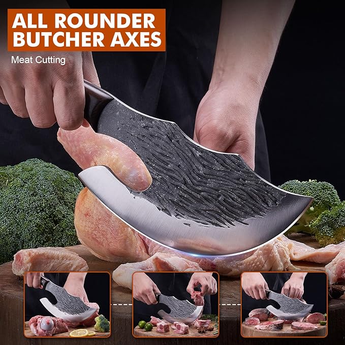 OPAYLY Butcher Meat Cutting Cleaver Knifes Hand Forged Viking Cleaver with Cover Meat Bone Kitchen Knifes High Carbon Bone Choppe for Kitchen Outdoor Camping BBQ men gifts