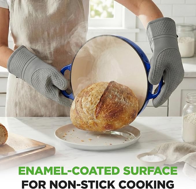 NutriChef 10.2" Enameled Cast Iron Bread Oven, Dome-Shaped Sourdough Baking Pan with Handles & Silicone Gloves, Oven-Safe to 500°F, Dishwasher Safe Dutch Oven Bread Pan (Blue)