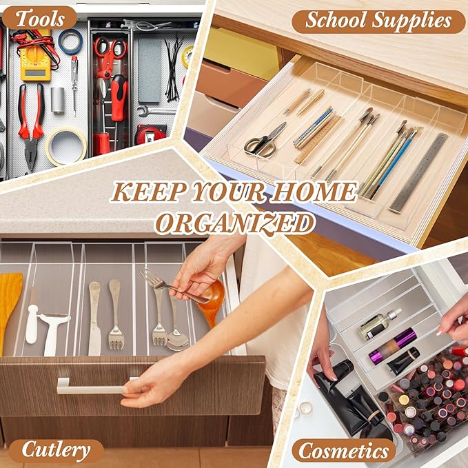Teenyyou 2 Packs Expandable Kitchen Drawer Organizer Clear Acrylic Utensil Organizer Adjustable Acrylic Silverware Storage for Drawers Silverware Flatware Knives (12 x 16 Inches,3-5 Compartments)