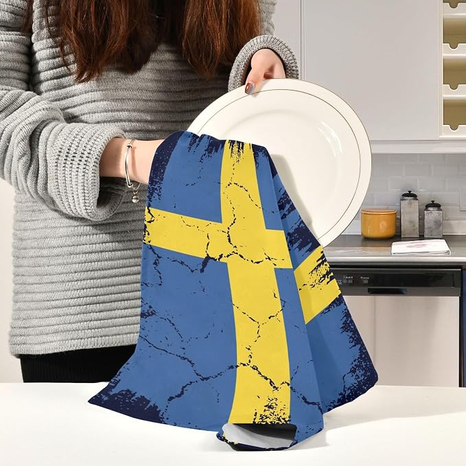 Swedish Flag Flag Grunge Design Kitchen Towels Set with Hanging Loop, Kitchen Hand Towels, Tea Towels, Premium Dish Towels for Kitchen, Quick Drying Kitchen Towel Set 18”x 28”