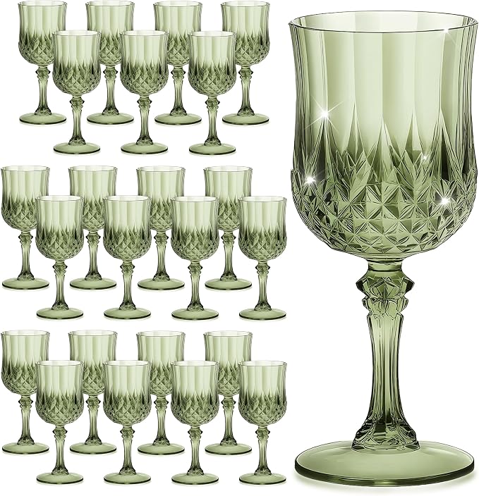 7OZ Plastic Wine Glasses, Reusable Vintage Goblets Unbreakable Drinking Glasses Crystal Water Cups Champagne for Wedding, Parties (24, Light Green)