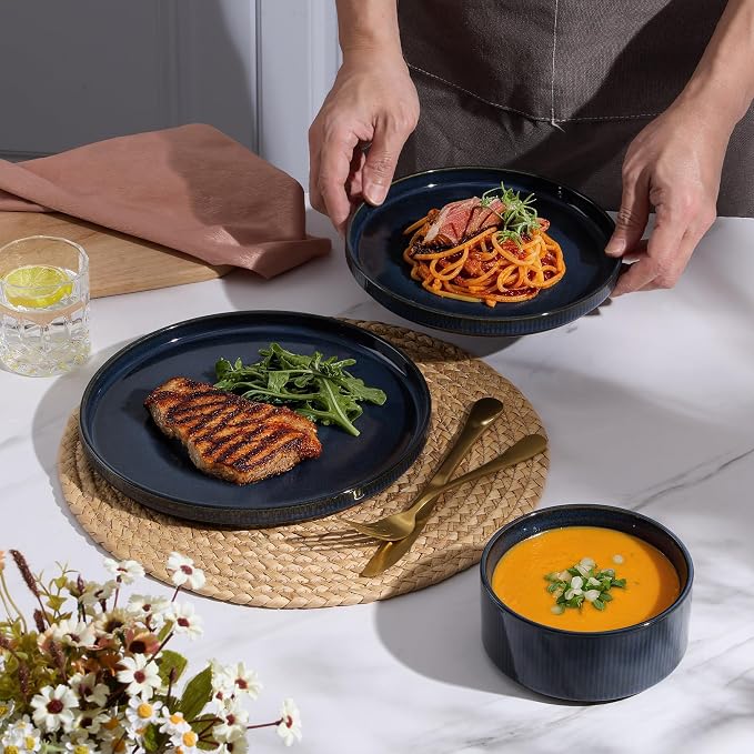 E-far 24-Piece Stoneware Dinnerware Sets, Plates and Bowls Sets for 8, Kitchen Dinning Porcelain Ribbed Dishes Set, Chip & Scratch Resistant, Dishwasher & Microwave Safe, Midnight Blue