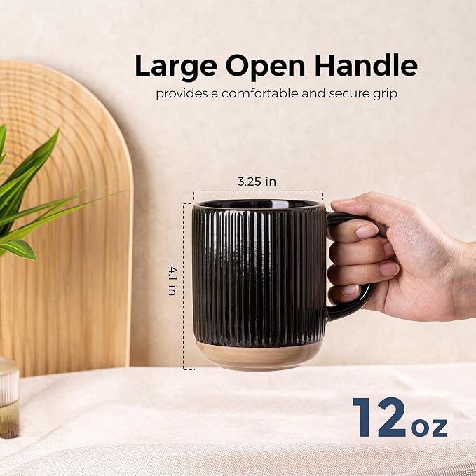 GBhome Coffee Mugs Set of 4, 12oz Handmade Stoneware Coffee Mugs Set with Large Handle for Cappuccino/Latte/Tea/Hot Cocoa, Dishwasher & Microwave Safe, Black