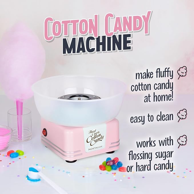Nostalgia Countertop Cotton Candy Machine – Use Normal or Sugar-Free Candy or Flossing Sugar – Includes 2 Reusable Cones and Measuring Scoop – Pink