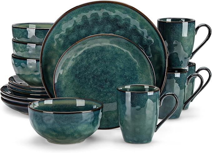 vancasso Ceramic Dinnerware Sets for 4, 16 Pieces Handmade Reactive Glaze Dishes Set, Elegant Stoneware Plates and Bowls Sets with Mugs, Dishwasher and Microwave Safe, Starry Green